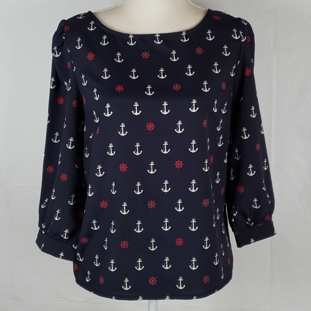 PINK Owl Apparell Nautical 3/4 Puffy Sleeve Top S